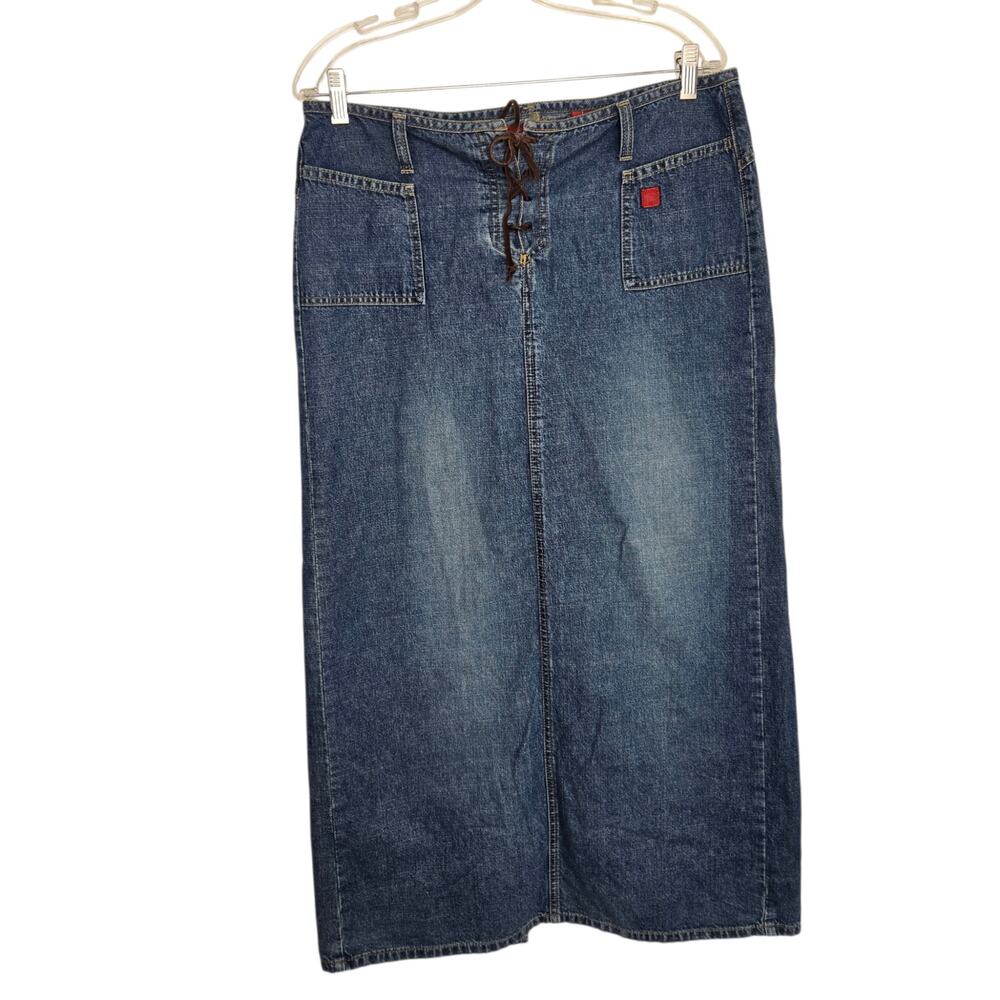 Vintage Y2K Bongo Women Denim Western Maxi Skirt Lace Up Cowgirl Slit Plus 14